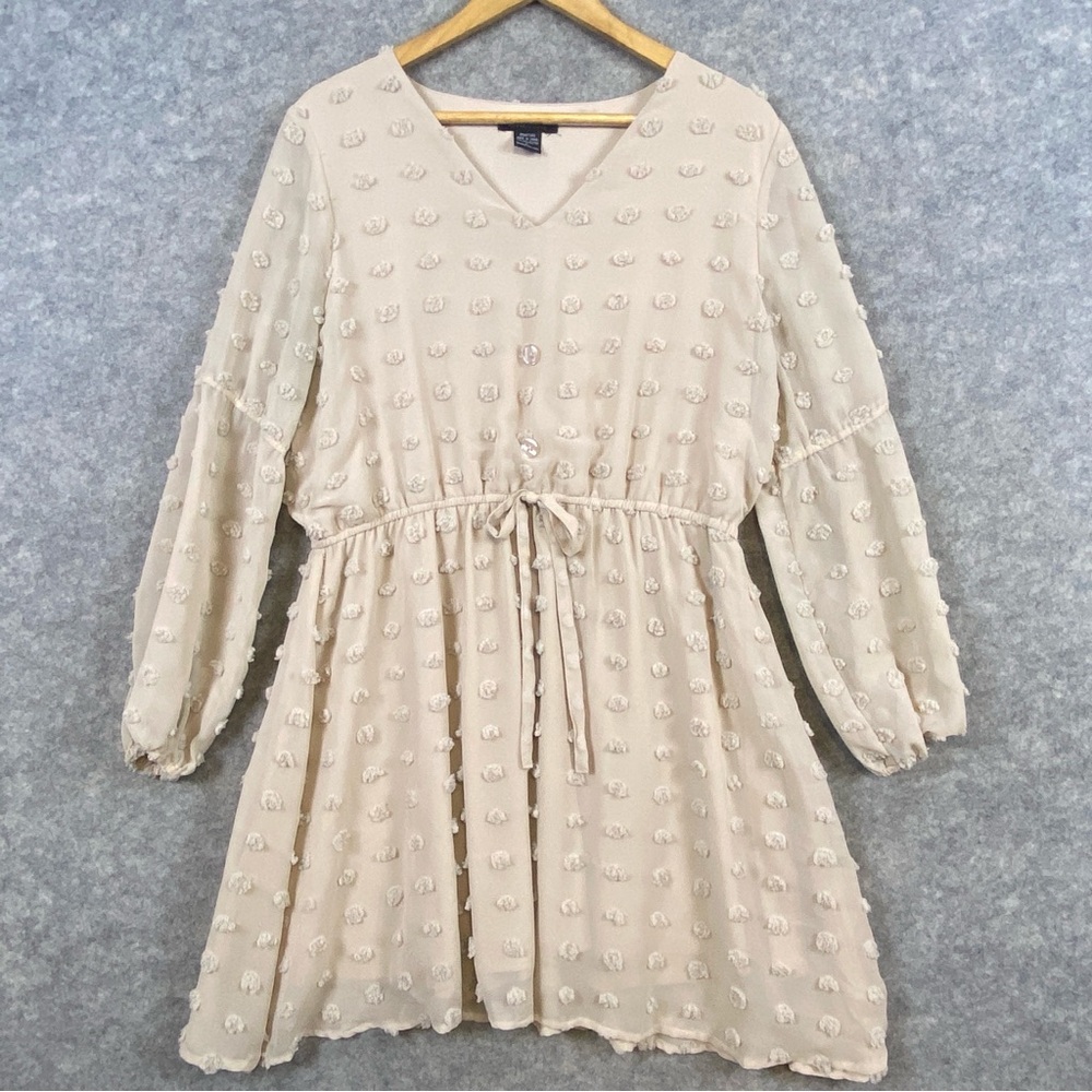 Robert Louis A-line Mini Dress Size L Cream Polka Dot Long Sleeve Neutral V-neck